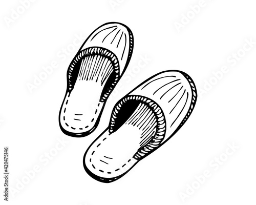 Sleeping slippers couple hand drawn sketch. Home shoes pair black and white doodle. Vector isolated illustration