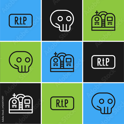 Set line Speech bubble rip death, Grave with tombstone and Skull icon. Vector