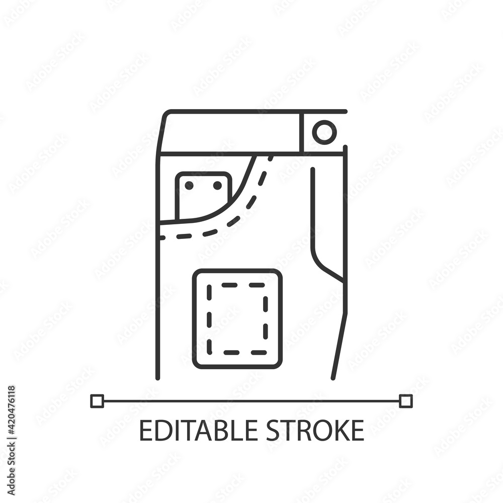 Denim repair linear icon. Jeans pants with pockets. Clothes shop. Clothing repair services. Thin line customizable illustration. Contour symbol. Vector isolated outline drawing. Editable stroke