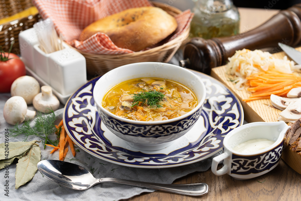 Shchi with sour cream - a traditional Russian vegetable soup Shchi with sour cream - a traditional Russian vegetable soup