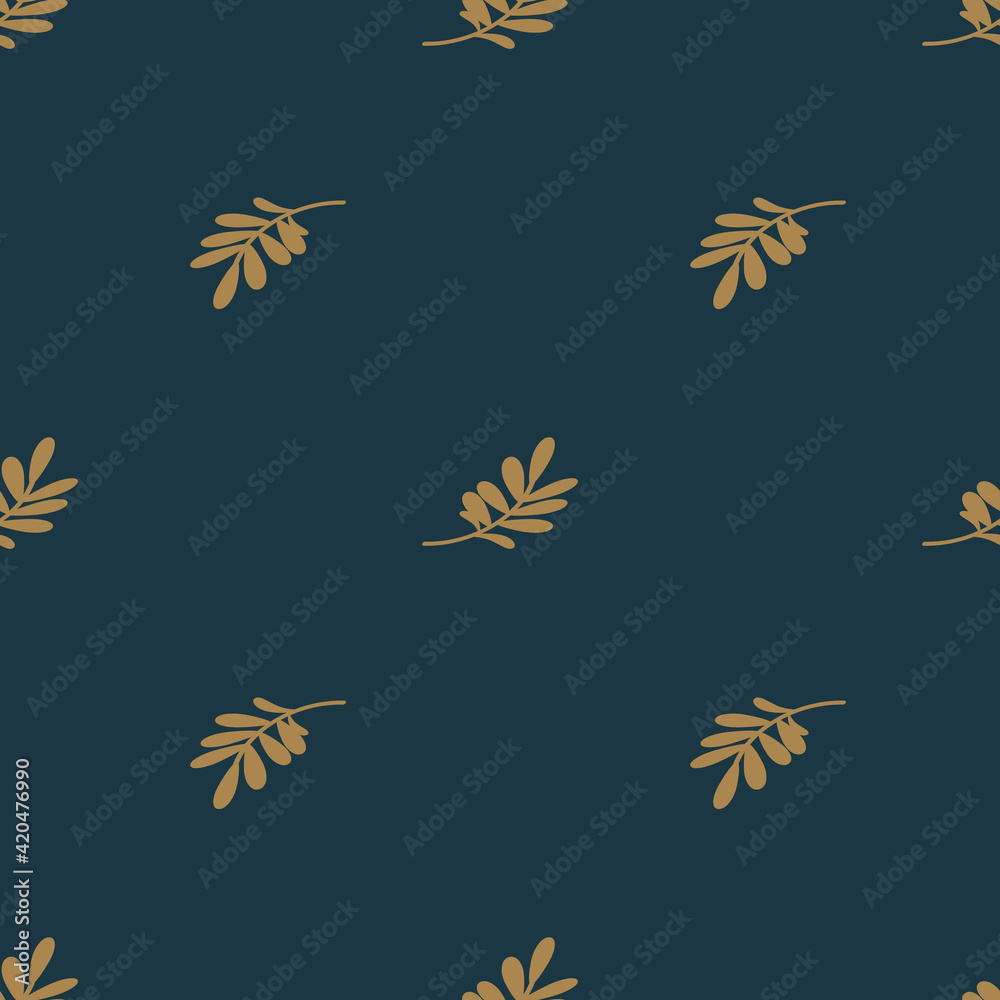 Cute seamless floral pattern of Brown twigs with leaves on dark-blue background.Vector.For fabrics,textiles,wrapping papers,wallpapers,prints. - obrazy, fototapety, plakaty 