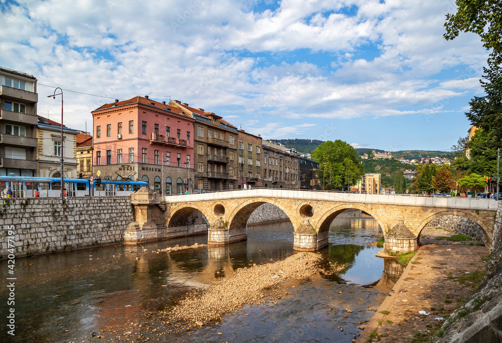 The historic Latin Bridge over the river Miljacka at downtown of Sarajevo, Bosnia and Herzegovina