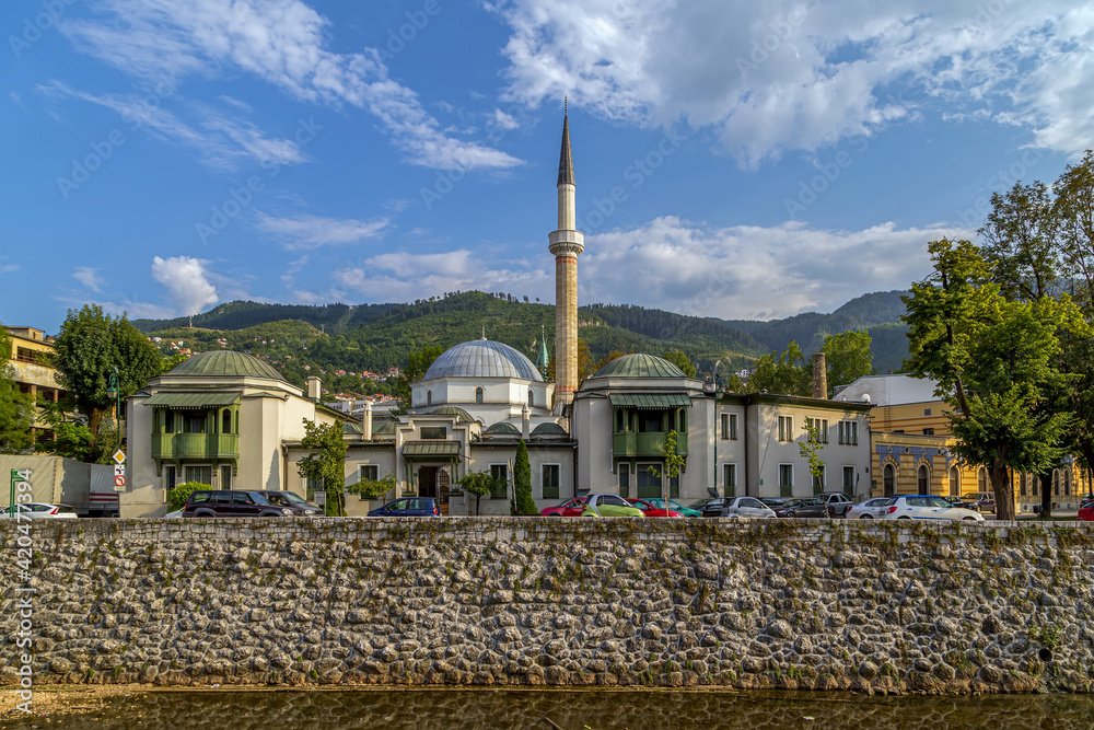 The Emperor's Mosque on the banks of the Milyacka River. The oldest mosque in Sarajevo. It is the largest single-subdome mosque in Bosnia and Herzegovina