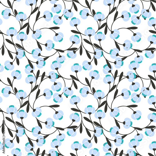 Beautiful seamless pattern with simple blue abstract flowers and dark gray leaves.Vector floral ornament on white background.For textiles,fabrics,wallpapers,wrapping papers.