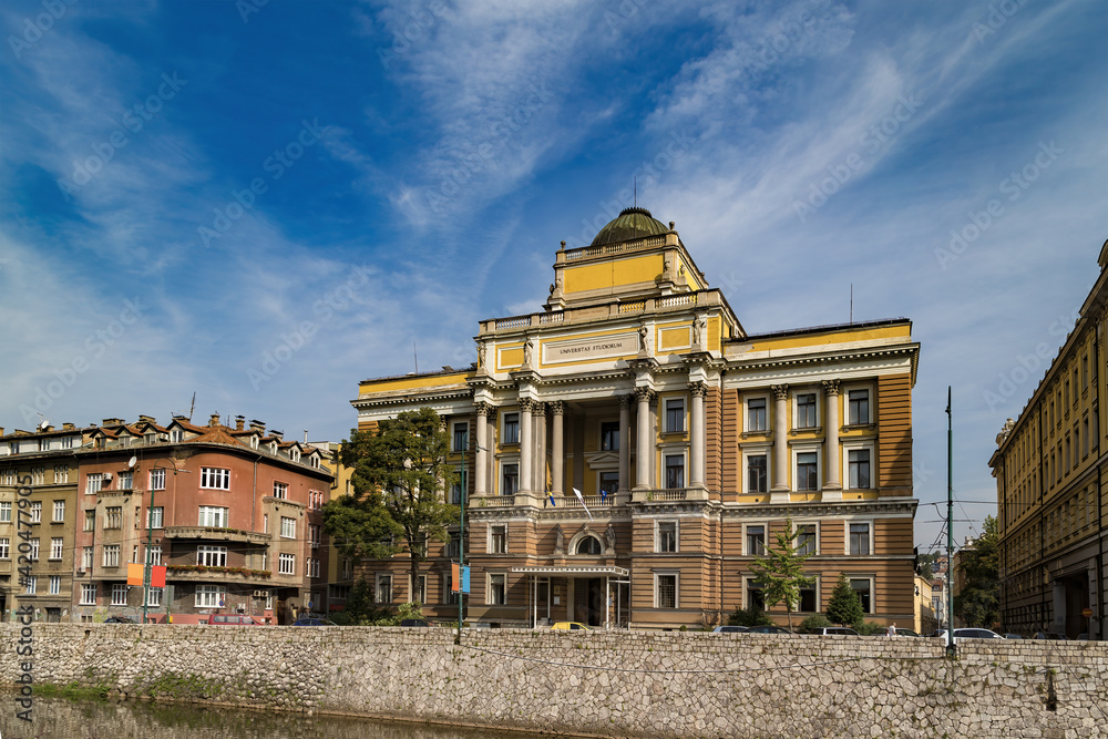 The building of University of Faculty of Law on the bank of the river Miljacka in Sarajevo. Built in the 1850s.