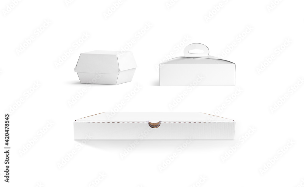 Blank white cardboard pizza, burger and cake packs set mockup Blank white cardboard pizza, burger and cake packs set mockup