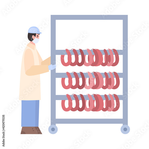 Worker industrial meat factory engaged production ready-made sausage products