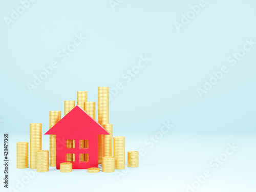 3D render - 3d image of house growing and gold coin on beautiful blue background, coin and money, saving money financial goal concept.