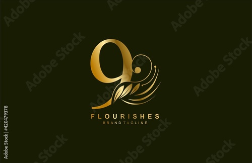  number 9 linked beauty flourish golden color logo design photo