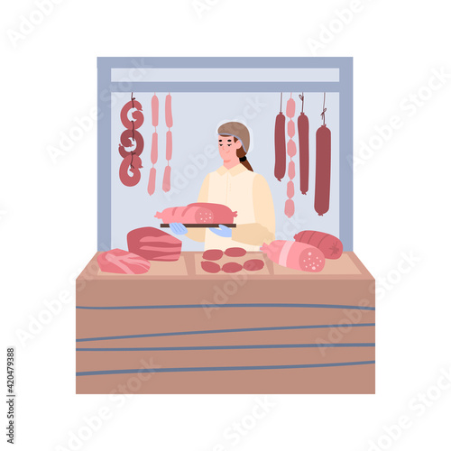 Market or butcher store with man selling meat flat vector illustration isolated.