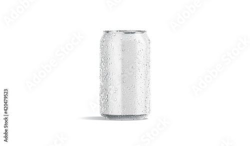 Blank white aluminum 330 ml soda can with drops mock up,