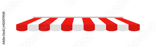 Tent of shop. Awning on cafe. Roof of marketplace. Red-white stripe canopy for store or market. Striped sunshade for restaurant, circus and marquee. Parasol on white background. Vector