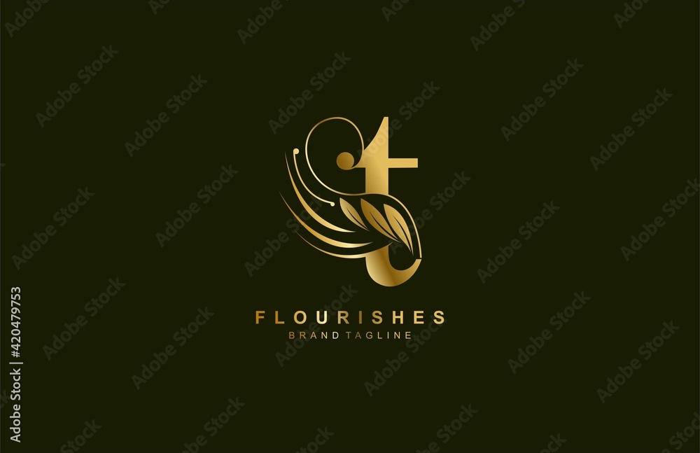 lowercase letter t linked beauty flourish golden color logo design - obrazy, fototapety, plakaty 
