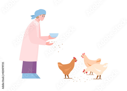 Poultry woman feeds the chickens, cartoon vector illustration isolated.