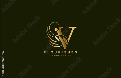 lowercase letter v linked beauty flourish golden color logo design