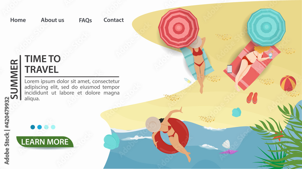 Banner for the design of advertising tourist web pages websites and mobile applications on the theme of summer holidays travel and vacation Three girls are on the beach