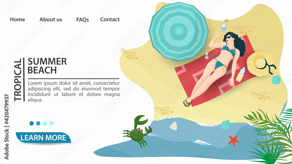 Banner for the design of advertising tourist web pages websites and mobile applications on the theme of summer holidays travel and vacation A girl in a bikini swimsuit sunbathing on the beach