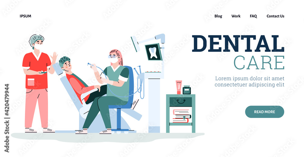 Dental care clinic website with patient and dentist cartoon vector illustration.