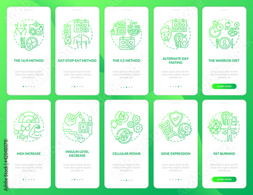 Intermittent fasting green gradient onboarding mobile app page screen with concepts set. Healthy eating. Diet walkthrough 5 steps graphic instructions. UI vector template with RGB color illustrations