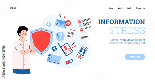 Man in stress holds shield for protection overloading by information data stream