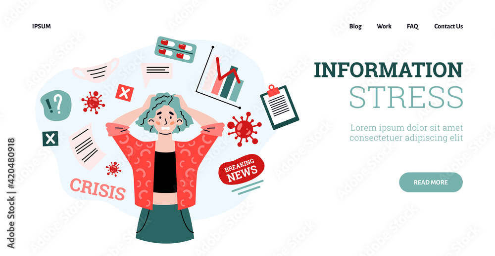 Information stress and anxiety website mockup, cartoon vector illustration. Information stress and anxiety website mockup, cartoon vector illustration.
