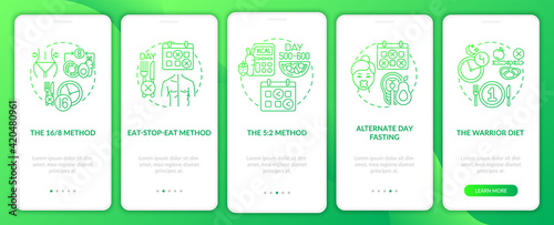 Intermittent fasting methods green gradient onboarding mobile app page screen with concepts. Diet walkthrough 5 steps graphic instructions. UI vector template with RGB color illustrations