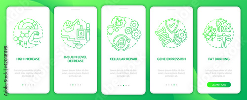 Intermittent fasting health effects green gradient onboarding mobile app page screen with concepts. Health walkthrough 5 steps graphic instructions. UI vector template with RGB color illustrations