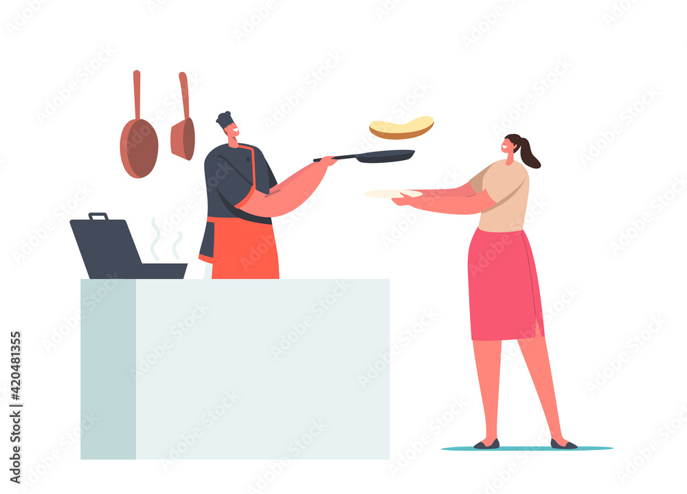 Female Character Order Meal in Cafe. Woman Holding Plate front of Desk with Chef Frying Sausage and Making Toasts