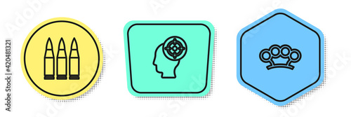 Set line Bullet, Target sport and Brass knuckles. Colored shapes. Vector