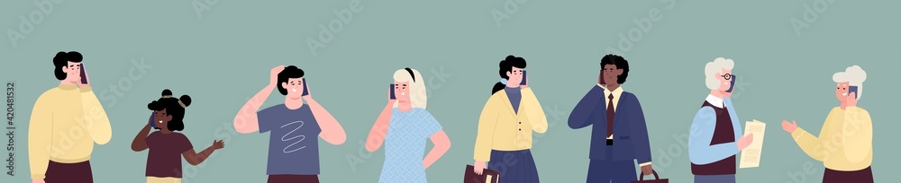 People of various ages talking phone, flat cartoon vector illustration. People of various ages talking phone, flat cartoon vector illustration.