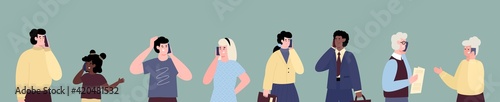 People of various ages talking phone, flat cartoon vector illustration.