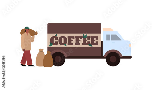 Worker loads bags with coffee into truck, cartoon vector illustration isolated.