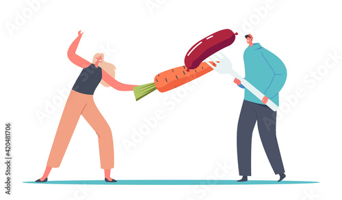 Tiny Male Female Characters Fencing with Huge Carrot and Sausage on Fork. Adherents of Healthy and Unhealthy Nutrition