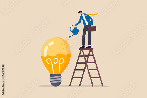 Idea development, creativity genius or knowledge to think about new business idea, skill improvement or career growth concept, smart businessman on ladder watering to fill in liquid in idea light bulb