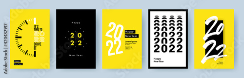Creative concept of 2022 Happy New Year posters set. Design templates with typography logo 2022 for celebration and season decoration. Minimalistic trendy backgrounds for branding, banner, cover, card
