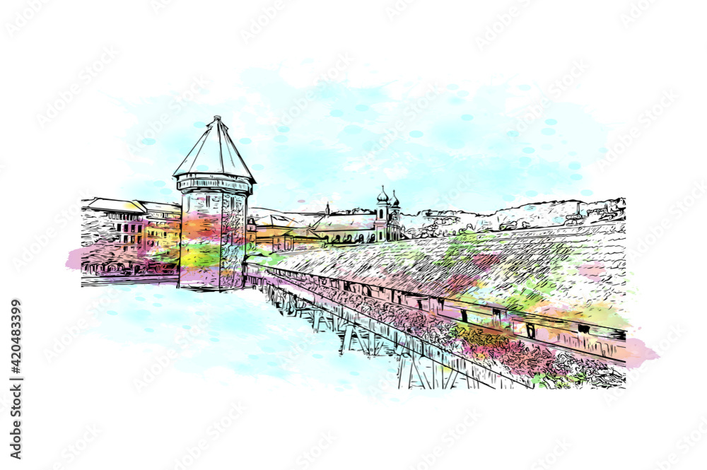Building view with landmark of Lucerne is a compact city in Switzerland. Watercolour splash with hand drawn sketch illustration in vector.