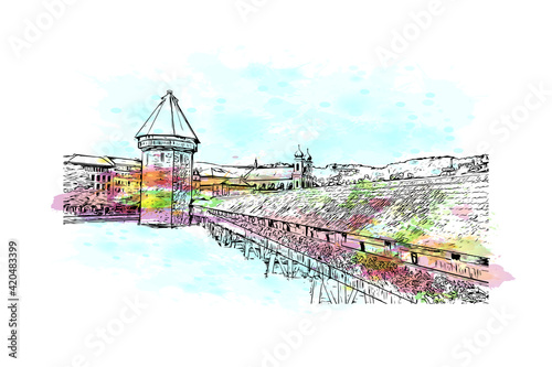 Obraz na płótnie Building view with landmark of Lucerne is a compact city in Switzerland. Watercolour splash with hand drawn sketch illustration in vector. w salonie