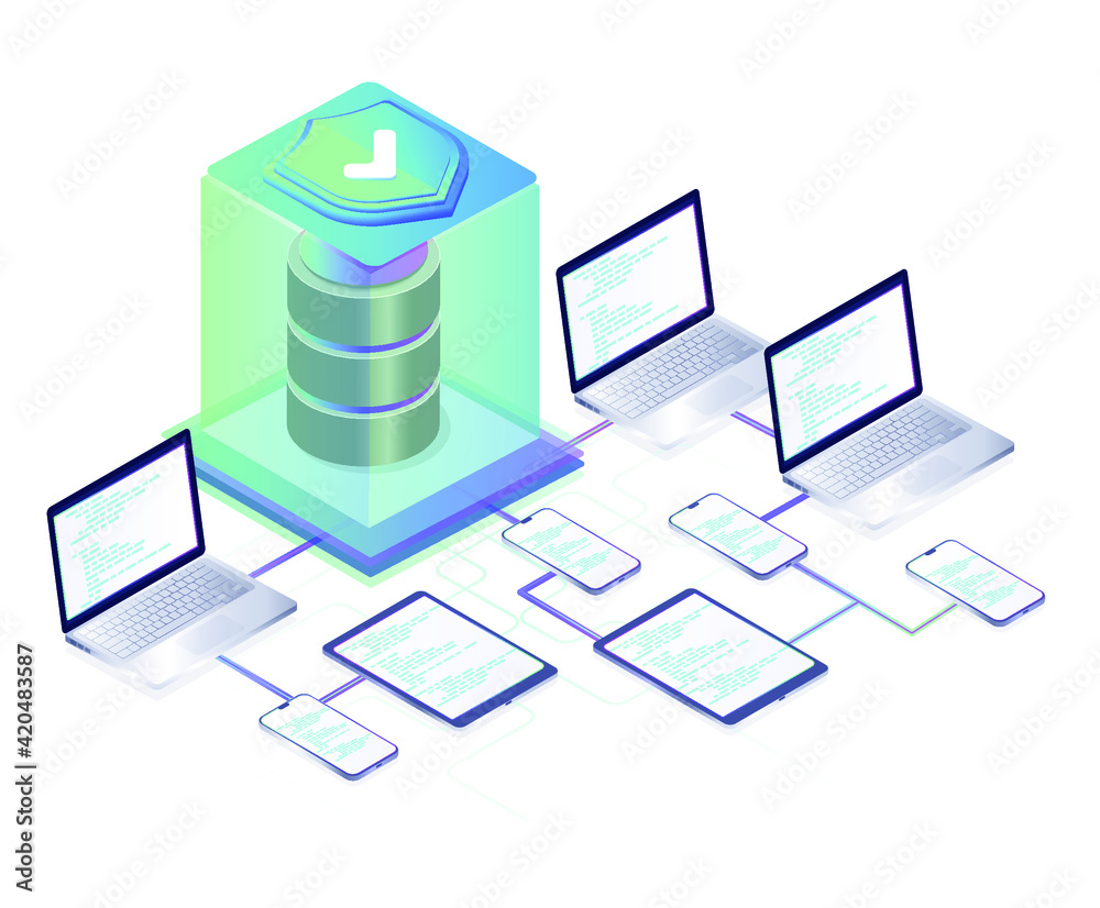 Data protection concept. Data security protection. Isometric flat vector concept illustration. Security and antivirus protection. Data center. Isometric vector illustration.