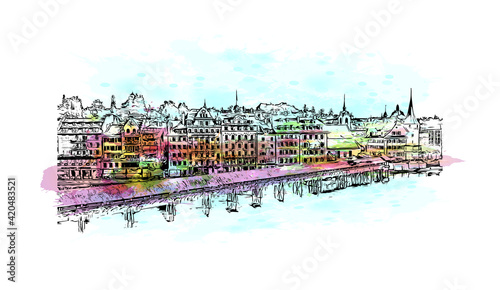 Building view with landmark of Lucerne is a compact city in Switzerland. Watercolour splash with hand drawn sketch illustration in vector.
