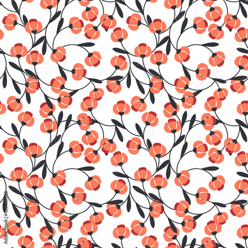 Beautiful seamless pattern with simple coral abstract flowers and dark blue leaves.Vector floral ornament on white background.For textiles,fabrics,wallpapers,wrapping papers.