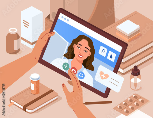 Hands Holding Tablet with Video Call on Screen. Patient having Online Conversation with Doctor. Modern Health Care Services and Online Telemedicine Concept. Flat Isometric Vector Illustration.