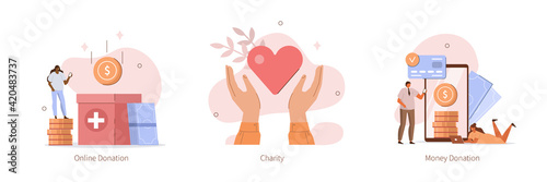 Characters Donating Money for Charity Online. Volunteers Collecting and Putting Coins And Banknotes in Donation Box. Charity Support and Fundraising Concept. Flat Cartoon Vector Illustration.