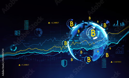 Cryptocurrency bitcoin theme background drawing with chart and graph. Concept of digital money in global economy.