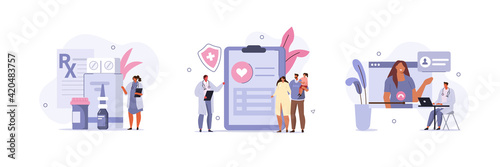 
Various Healthcare Scenes. Pharmacist Showing Medicaments in Pharmacy Store, Doctor and Patients filling Health Insurance Contract, Doctor Online. Medicine Concept. Flat Cartoon Vector Illustration.