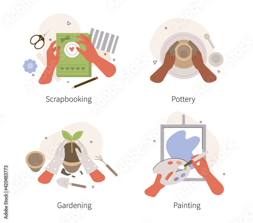 People Enjoying their Hobbies. Scrapbooking, Making Pottery, Home Gardening and Painting Workshops. Creative Leisure and Lifestyle Concept.  Flat Cartoon Vector Illustration.