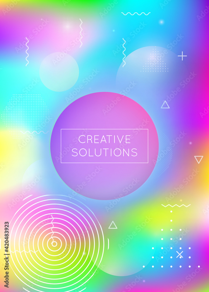 Obraz premium Memphis gradient background with liquid shapes. Dynamic holographic fluid with bauhaus elements.
