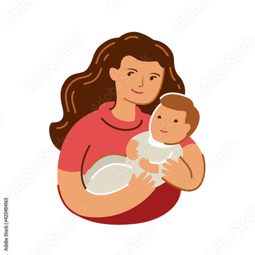 Mom hugs baby. Mothers day, motherhood symbol in flat style