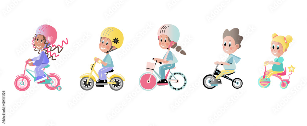 Happy children, boys and girls ride colorful bicycles in sports uniforms and helmets. Vector illustration isolated on a white background. Happy children, boys and girls ride colorful bicycles in sports uniforms and helmets. Vector illustration isolated on a white background.