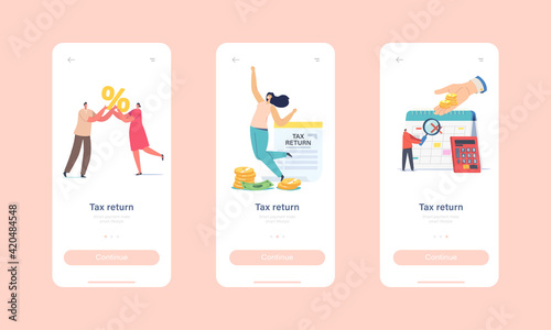 Tax Return Mobile App Page Onboard Screen Template. Tiny Characters Getting Money Refund for Purchasing, Service