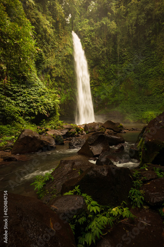 Waterfall landscape. Beautiful hidden waterfall in tropical rainforest. Foreground with big stones. Slow shutter speed, motion photography. Travel and adventure. Nung Nung waterfall, Bali © Olga